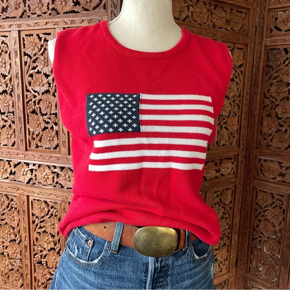 Vintage Red Sleeveless American Flag Patriotic Knit Top - Picture 3 of 9